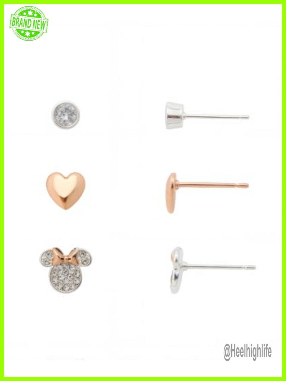 Minnie Mouse Stud Earring Set CZ Heart 14K Gold Sterling Silver Plated